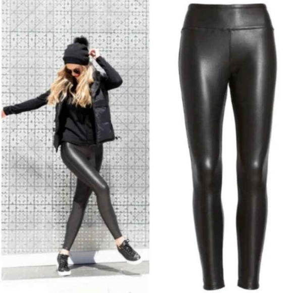 976 CLEARANCE Vegan Faux Leather Black High Waisted Stretch Shiny Legging Pants - Picture 3 of 6